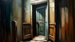 Oil painting, A simple, unassuming door standing open in a claustrophobic alley, its appearance belying the potential for adventure or danger that lies within., creative, extremely detailed brush stroke