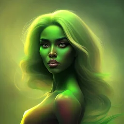 portrait, fantasy setting, woman, dark-skinned, indian, green hair