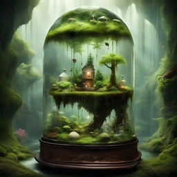 Professional photograph conveying intricate details and balance of terrariums, captured tranquil charm inside glass terrariums, fantastical verdant beauty, waterfall, magical realism, by Alexander Jansson