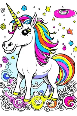 kids illustration, an unicorn image, cartoon style, thick line, low details, vivid color