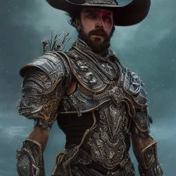 Insanely detailed photograph of an “portrait of Echo Knight ” with intricate half plate chest armor, intricate embroidered cowboy hat, handsomely clear face and hyperdetailed painting by Ismail Inceoglu Huang Guangjian and Dan Witz CGSociety ZBrush Central fantasy art album cover art,8K, hdr, romantic, mysterious, ominous, hands focused on a D20, jewelry, motivated