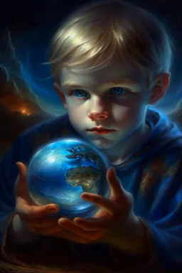 book cover illustration, oil painting portrait of metallic sleeping slightly cute smirking innocent blue eyed vampire holding small earth on a platter in one hand, bokeh , high detail, smooth render, prize winning, down light, depth of field, aura, in wind