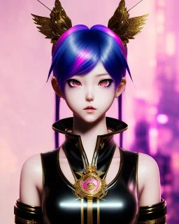 Detailed cute anime Kunoichi girl, rainbow hair buns, rainbow bangs, black latex bodysuit, intricate details, full body portrait, keep head in frame, slight smile, black Japanese motif, concept art, highly detailed, digital painting, concept art, sharp focus, illustration, art by Yoji Shinkawa, WLOP and greg rutkowski and alphonse mucha and artgerm and yanjun Chen and Junji ito and Makoto Shinkai, HDR, octane render