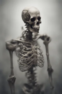 a blurry, distressing, haunting image of a fracturing skeleton, realistic