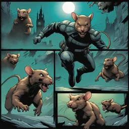 Cómic ot Catman chases three humanoid rats that are running around in terror