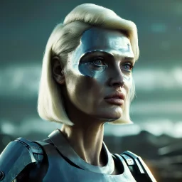 Ultra Realistic retro sci-fi movie war scene, waist up view portrait, blonde woman pointing a gun, sweet young Daryl Hannah face, perfect iris, glow eyes, makeup, weapon. War background, Retro sci-fi style, helmet, tight latex coat, fog, rain, soft color, highly detailed, unreal engine 5, ray tracing, RTX, lumen lighting, ultra detail, volumetric lighting, 3d, finely drawn, high definition, high resolution.