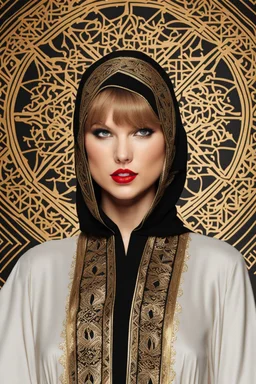 Taylor swift wearing islamic culture black Moroccan caftan 4k golden patterns high qualité