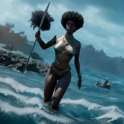 black woman as a queen of a fantasy world in the ocean killing the enemy