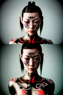 Photo Studio portrait, Asian woman samurai, yakuza body tattoos, symmetry photography, cyberpunk, latex dress, japanese traditional ornaments, red, white, black, led wires, glow eyes, cinematic, Ultra realistic, dark scene, wide angle view, soft color, highly detailed, unreal engine 5, RTX, ultra detail, 3d, finely drawn, high definition.