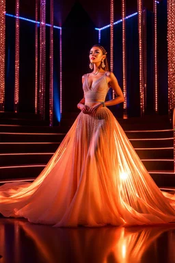 stage inside of a 3d crystal pyramid lovely light reflections ,full body shot of very beautiful lady skirt and bluse , Braided hair ,dancing in stage in the crystal cube pretty makeup,full cube shot