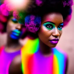 full body shot, masterpiece, best quality, family of three, dark skinned, sparkling eyes, fluorescent skin, colorful makeup, afro, highly detailed body, afrofuturism, scifi, sun light, 4K, RAW, depth of field, high contrast, realistic details, 24mm