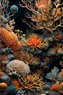 3D rendering of Expressively detailed and intricate of a hyperrealistic “coral reef”: side view, scientific, single object, shinning gold, vines, tribalism, black background, shamanism, cosmic fractals, octane render, 8k post-production, detailled metalic bones, dendritic, artstation: award-winning: professional portrait: atmospheric: commanding: fantastical: clarity: 16k: ultra quality: striking: brilliance: stunning colors: amazing depth