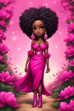 create a comic book art image of a chibi curvy size dark skinned Black female wearing a hot pink maxi dress with sparkle hot pink cowboy boots. Prominent make up with brown eyes, she is wearing hot pink feather tassel earrings and lush lashes. extremely detailed tight curly ombre afro. background of pink and silver magnolia flowers everywhere