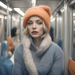 A woman , sad,in the metro in the style of marilyn monroe, blue, Grey, beige,orange, with a knitted hat