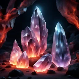 Hyper Realistic big glowing crystals in a volcanic cave at night