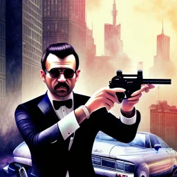 water color art,mafia family boss with black greasy hair, holding up auto-pistol and wearing suit, city streets in background,run for cover, book illustration