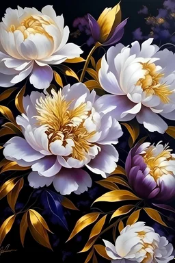 painting of white small Peonies flowers with gold flowers in center of canvas dark purple background