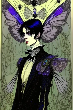 black haired young Victorian man fairy with insect wings like a fly, and insect eyes wizard in the style of Harry Clarke