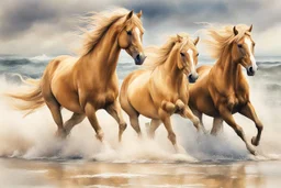 Stunning watercolor style portrait of three powerful palomino horses, galloping strong on the seashore. The waves crash behind them, the sky is filled with stormy clouds. Their manes and tails flutter in the wind and their muscles become defined as they exert their strength. Dynamic, energetic atmosphere, capturing the essence of freedom and power