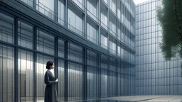 a woman is standing in front of a building, a digital rendering by David Chipperfield, cgsociety, modernism, vray tracing, vray, made of glass