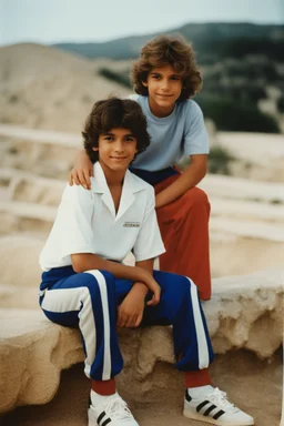 eleven year old mediterranean boy dressed track pants, early 80's color photo