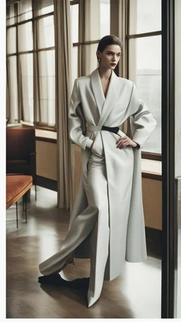 a woman standing in a room next to a table, vman magazine, wearing dramatic aristocrat robe, long - tailed tuxedo coat, deep stillness and silence, body harness, hotel room, elegant girl in urban outfit, slender girl, glass walls, magazine article