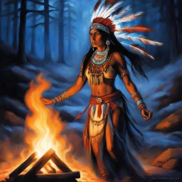 by the flickering light of a campfire, stands a half-naked native Indian shaman woman covered with sacred paintings. Her presence is a dance of shadows and light, her movements like poetry in motion as she weaves the mystic signs with her hands.