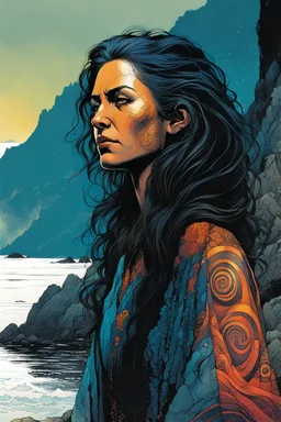 create a closeup full body print illustration of a female Salish shaman with highly detailed hair and feminine facial features, invoking the Raven along the rocky shore of Vancouver Island , in the comic book art style of Bill Sienkiewicz, Mike Mignola, Sparth, Maxfield Parrish, and Jean Giraud Moebius, finely textured, drawn, colored, and inked, suffused with dramatic natural light