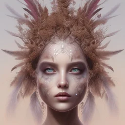 Portrait of beautiful girl, face dept of field,face shining, plant, metal, feathers,central weight average, CWA Dryad, fae, sidhe, ominous, nature, plants, wildflower sparkle,wildflower 3d view, facepaint, dnd character portrait, intricate, oil on canvas, masterpiece, expert, insanely detailed, 4k resolution, retroanime style, cute big circular reflective eyes, cinematic smooth, intricate detail , soft smooth lighting, soft pastel colors, painted Renaissance style,sharp fucus, bokeh,macro lens,