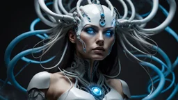 An android-mutant woman with long hair, a biomechanical mutant with sky-blue eyes, a white robot body, she is the AI-Medusa woman with like snakes of hair, the wirling with blue-white hair, full body, stunning, mystic and sci-fi mix creature, high detalied, sharp focus, perfect beauty, professional photo