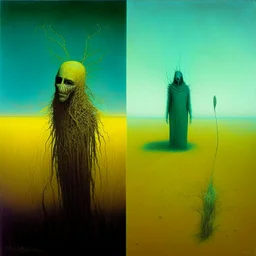 Style by Gabriel Pacheco, VS Gaitonde, Zdzislaw Beksinski, Vladimir Kush, sinister abstract surreal art, a metaphorical representation of the ephemeral parasite confusing death rivalry, gestalt lunatic grass shine, warm colors, surreal masterpiece, juxtaposition of the uncanny banal, sharp focus, never-before-seen composition