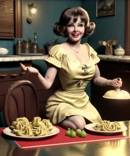 Ultra realistic photographic portrait, happy young Gina Lollobrigida woman sitting with arms resting on Italian kitchen table, pretty tortellini dish, retro dress by 1960, dress without neckline, classic style decoration, cold, soft color, highly detailed, unreal engine 5, ray tracing, RTX, lumen lighting, ultra detail, volumetric lighting, high definition.