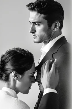 The cover features a stunning, hyper-realistic photograph with a sharp focus on the detailed attire of the mafia boss—a tailored suit exuding power and sophistication. Beside him stands the beautiful girl, her gradient lips and rosy cheeks captured in exquisite hyper-realism, their expressions evoking emotions of passion and depth. The white background accentuates the characters' striking appearances and the fine details of their outfits, creating an aesthetic contrast.