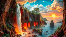 the waterfall is full of holes with various jungle flowing spiral cloud neon colorful Unique open cliff burning ripped surrealistic artwork with shiny shackled by cliff and sea island, while holding a waterfall doing pulling, the open cavity inside the body is a scene of an ancient Egyptian painting in the Gesang desert 5D diorama, with seven open panels on the revealing a forest with a thousand shadows, giving a triple exposure effect on a Balinese girl and her neck cavity, with a background in