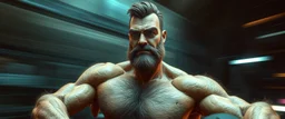 hi speed bad ass cyber punk masculine realistic goofey humanoid with hairy arms and chest, motion blurred background