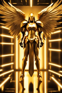 Photography realistic fullbody,facing front Angel Warrior,iron straddle wings, realistic, golden ratio, symmetric, mecha,eyes LED light, metallic polished shiny armour,abstracts background