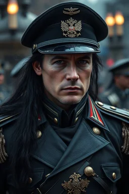 Russian commander , a High Commander of a Dieselpunk utopia in a ww2 military dress, up close, fantasy, High details, realistic design, dark vibes, 8k, male, long black hair