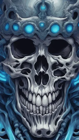 a close up of a person with a skull on their head, blue and black colors, anime skull portrait man, scary detailed art in color, hiroyuki-mitsume takahashi, nychos art aesthetic, half man half skeleton, anime cyberpunk art, colored manga art, rossdraws pastel vibrant, cold colors. insanely detailed, beautiful anime portrait, stunning anime face portrait, scary art in color