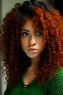 Mixed girl long curly reddish Orenge hair dark green eyes