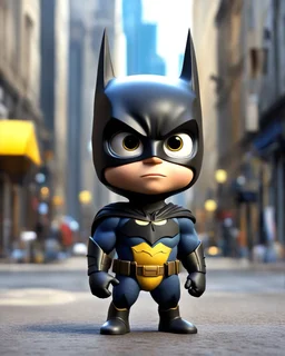 Funny Cute Pixar toon big head small body 3D as Batman dinamic pose at street city background