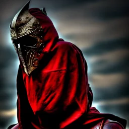 warrior in the blood walking into the flame of war, cinematic, HDR, highly detailed, mask cover whole face and hood, scull mask, ProPhoto RGB, Half rear Lighting, nsane details, intricate details, 32k, Super-Resolution, DOF, Color Grading, Depth of Field, ghost, messenger of death, non photorealistic rendering