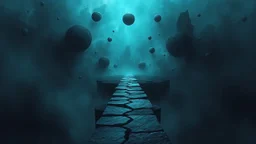 passage over nothingness, surreal, dark and cold abstract artwork dominated by deep blue, icy cyan, charcoal black and muted steel-grey tones. An narrow passageway emerges from an abstract distorted weird landscape, surrounded by thick fog and drifting mist. The space feels nightmare, alien and unsettling, with floating circles and balls geometric forms, fragmented land, perspective. At the center of the composition cracked stone way over abyss