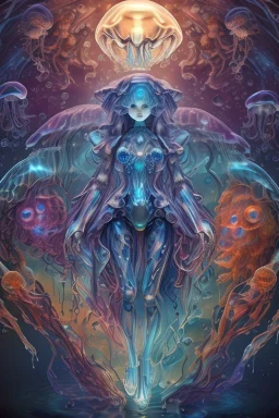 high quality, highly detailed, 8K Ultra HD, Girl made of water, water in the shape of an Girl, Same quality as images using Leonardo.Ai's Alchemy Dynamic, Quality images using Alchemy Dynamic, luminism, 3d render, octane render, Isometric, awesome full color,.bones. A jellyfish Cosmic robot .Fantasy, perfect anatomy, fantasy, vibrant digital art professional award winning masterpiece, oil on canvas Atmospheric extremely detailed Josephine Wall