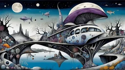 whimsical weird car-fish-like vehicle, and bizarre mutant animals in weird whimsical landscape between two long thin bridges, surreal vibe with abstractions, around surreal cracked painted weird land with rocks, trees, two moon, deep dark purple, gray, black, white, brown pale blue colors. style of Chagall , of Minjae Lee and Tim Burton, absurd beauty picture. weird bizarre absurd, nightmare, big neuron network clouds background and thin bridges, too big, too elongated shapes, psychedelic dream