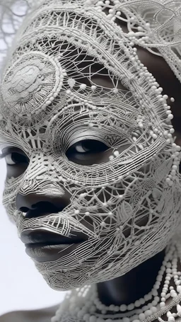 A long hyperrealistic shot of a queen of the African tribes all face all in white head out of a white spider web, intricate details, soft natural light, screen captured from 4K Blu-ray. All white background