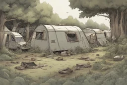campsite, overgrown, post-apocalyptic, comic book,