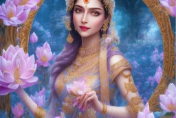 only one pretty indian girl just before a magical crystal flower lotus magnolia lys bougainvillier, blue gold house indian palace castle in the woods, magnolias pink,blue lake,sun,white swanns,pink vertical, blue lake,sharp, vines, candlelit, endor, ornate, elegant, highly detailed, artstation, concept art, smooth, sharp focus, illustration, 8k, splash art, wallpaper, key visual