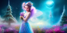 bright fairy, beautiful portrait, flowery landscape