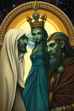 Two men and one earth genasi woman pretty with a crown close to spaceship open door