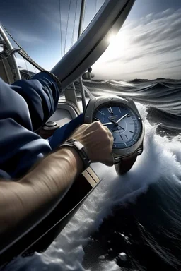 Generate an image of a sleek sailing yacht cutting through the waves, with a sailor wearing a sailing watch in focus. The watch should be clearly visible, showcasing its design and durability in an active sailing environment.
